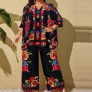 Boho Floral Print Batwing Top and Wide Leg Pants Set